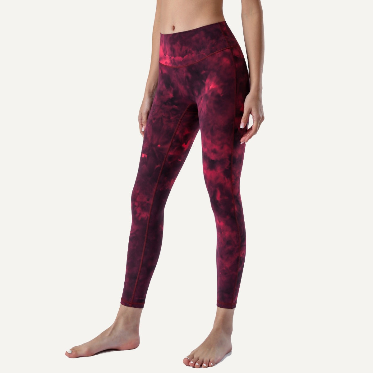 High-Waisted Ankle Leggings with Mottled Tie-Dye - Burgundy