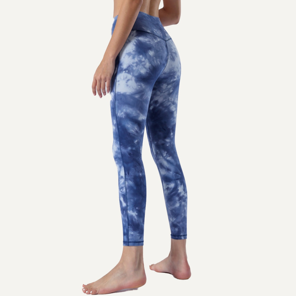 High-Waisted Ankle Leggings with Mottled Tie-Dye - Light Blue