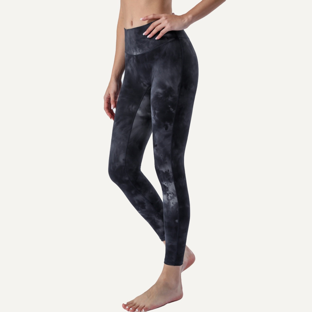 High-Waisted Ankle Leggings with Mottled Tie-Dye - Black