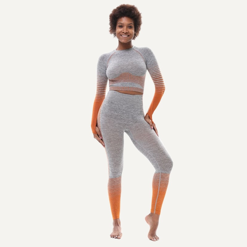 Striped-Panel Crop Top and Two-Tone Leggings Set - Orange Gray