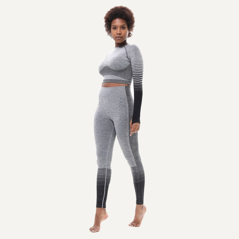 Striped-Panel Crop Top and Two-Tone Leggings Set - Charcoal Gray