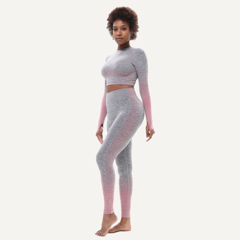 Striped-Panel Crop Top and Two-Tone Leggings Set - Pink Gray