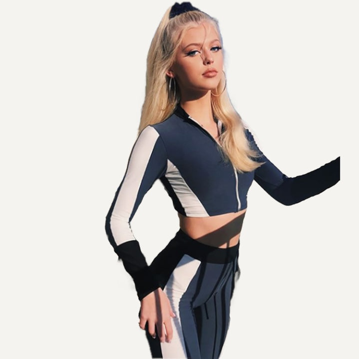 Contrast-Side Zip Crop Top and Leggings Set - Navy White