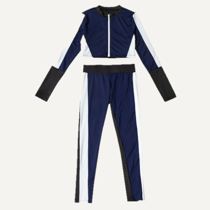 Contrast-Side Zip Crop Top and Leggings Set - Navy White