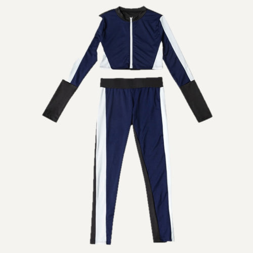 Contrast-Side Zip Crop Top and Leggings Set - Navy White