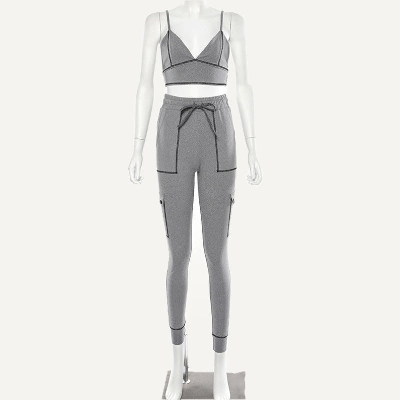 Contrast-Seam Bra and Pocket Joggers Set - Gray