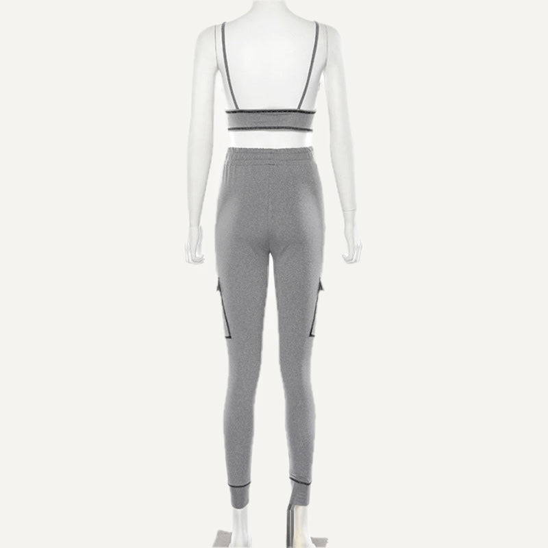 Contrast-Seam Bra and Pocket Joggers Set - Gray