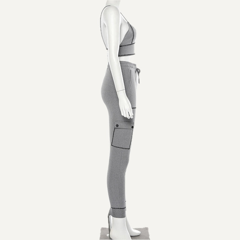Contrast-Seam Bra and Pocket Joggers Set - Gray