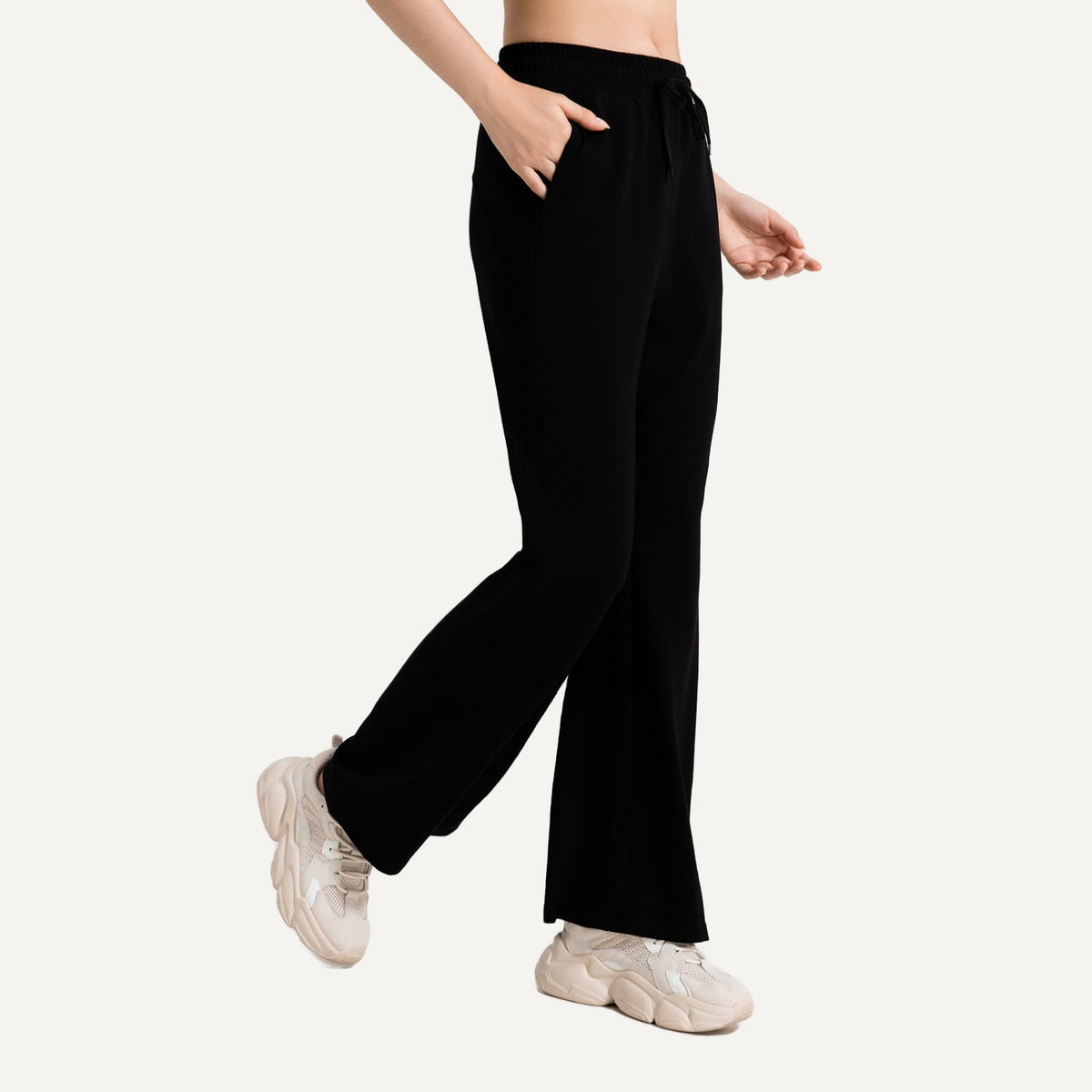 Drawstring Wide-Leg Workout Pants with Pockets - Black