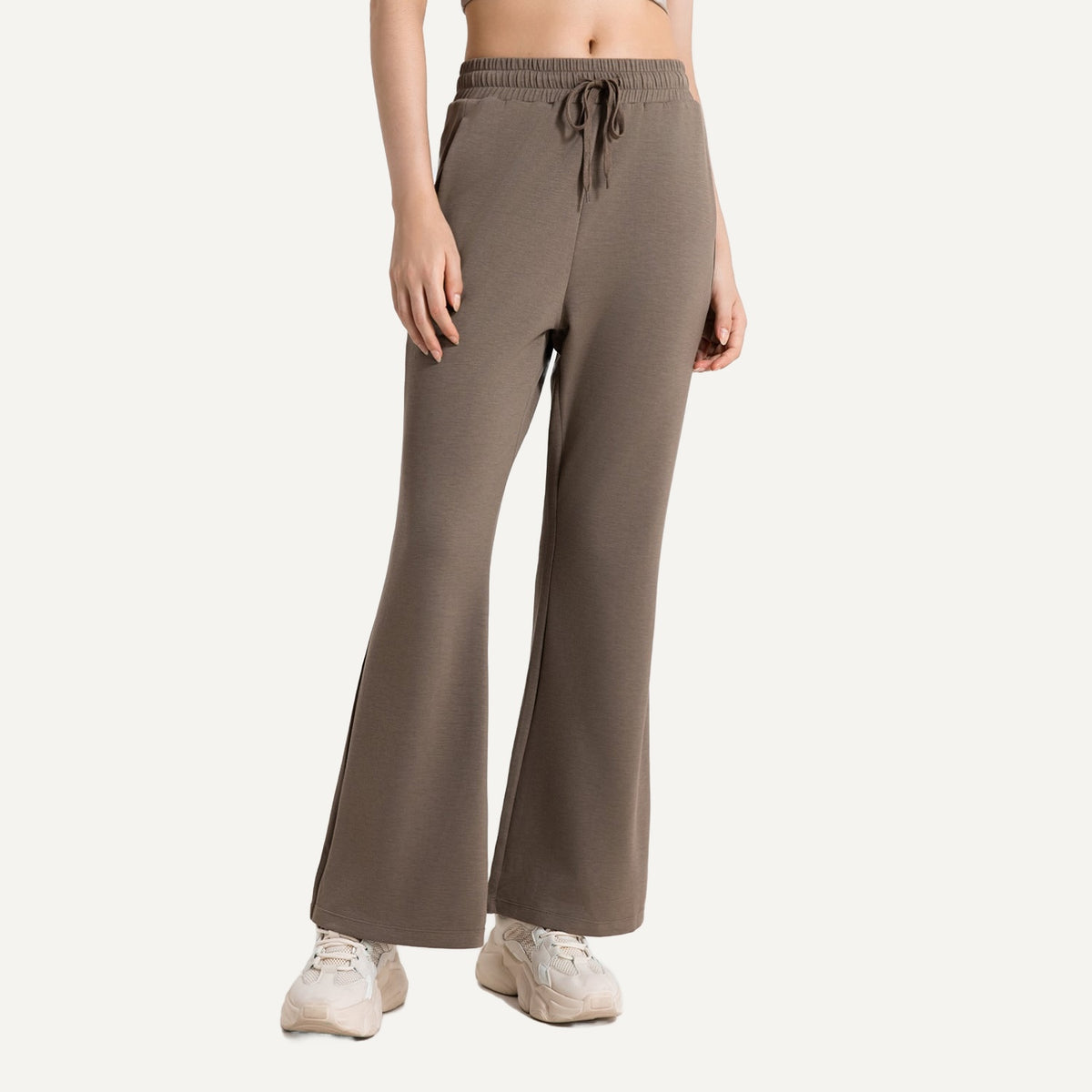 Drawstring Wide-Leg Workout Pants with Pockets - Taupe