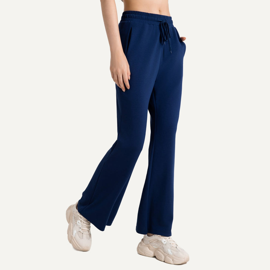 Drawstring Wide-Leg Workout Pants with Pockets - Navy