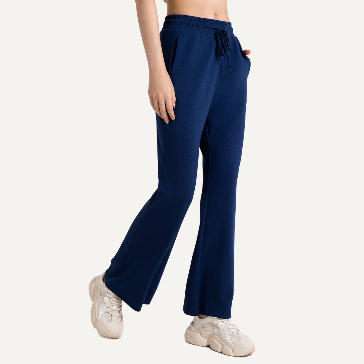 Drawstring Wide-Leg Workout Pants with Pockets - Navy