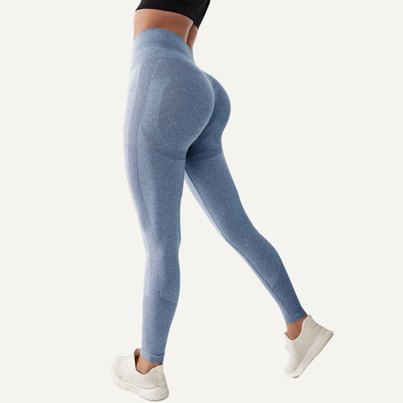 High-Waisted Leggings with Heathered Contour Panels - Blue
