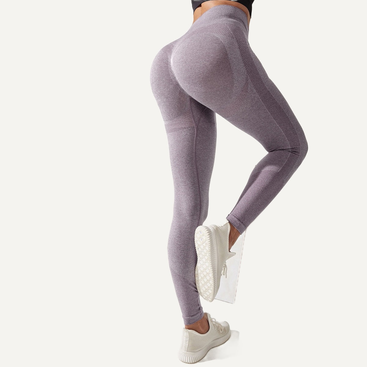 High-Waisted Leggings with Heathered Contour Panels - Dusty Mauve
