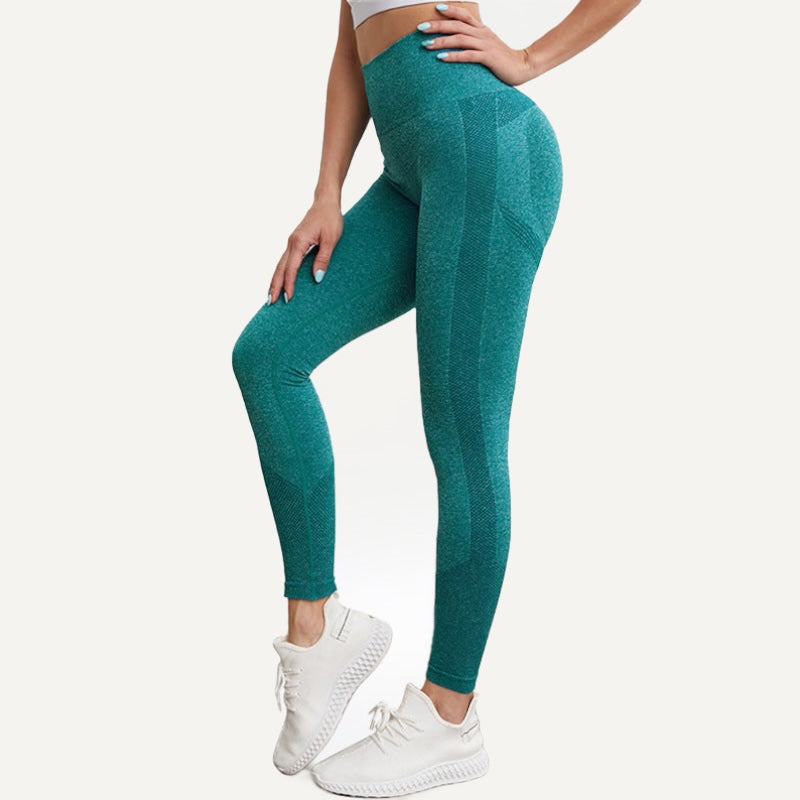 High-Waisted Leggings with Heathered Contour Panels - Teal
