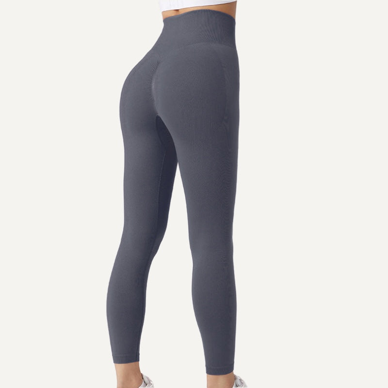 High-Waisted Workout Leggings with Ribbed Knit Panels - Slate Blue
