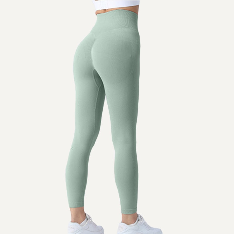 High-Waisted Workout Leggings with Ribbed Knit Panels - Sage