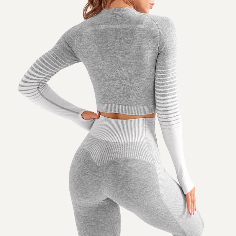 Striped Sleeve Crop Top and Two-Tone Leggings Set - White Gray