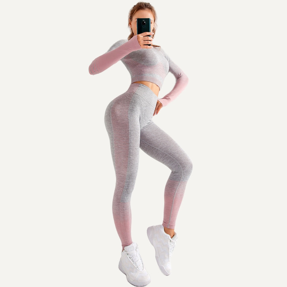Striped Sleeve Crop Top and Two-Tone Leggings Set - Pink Gray