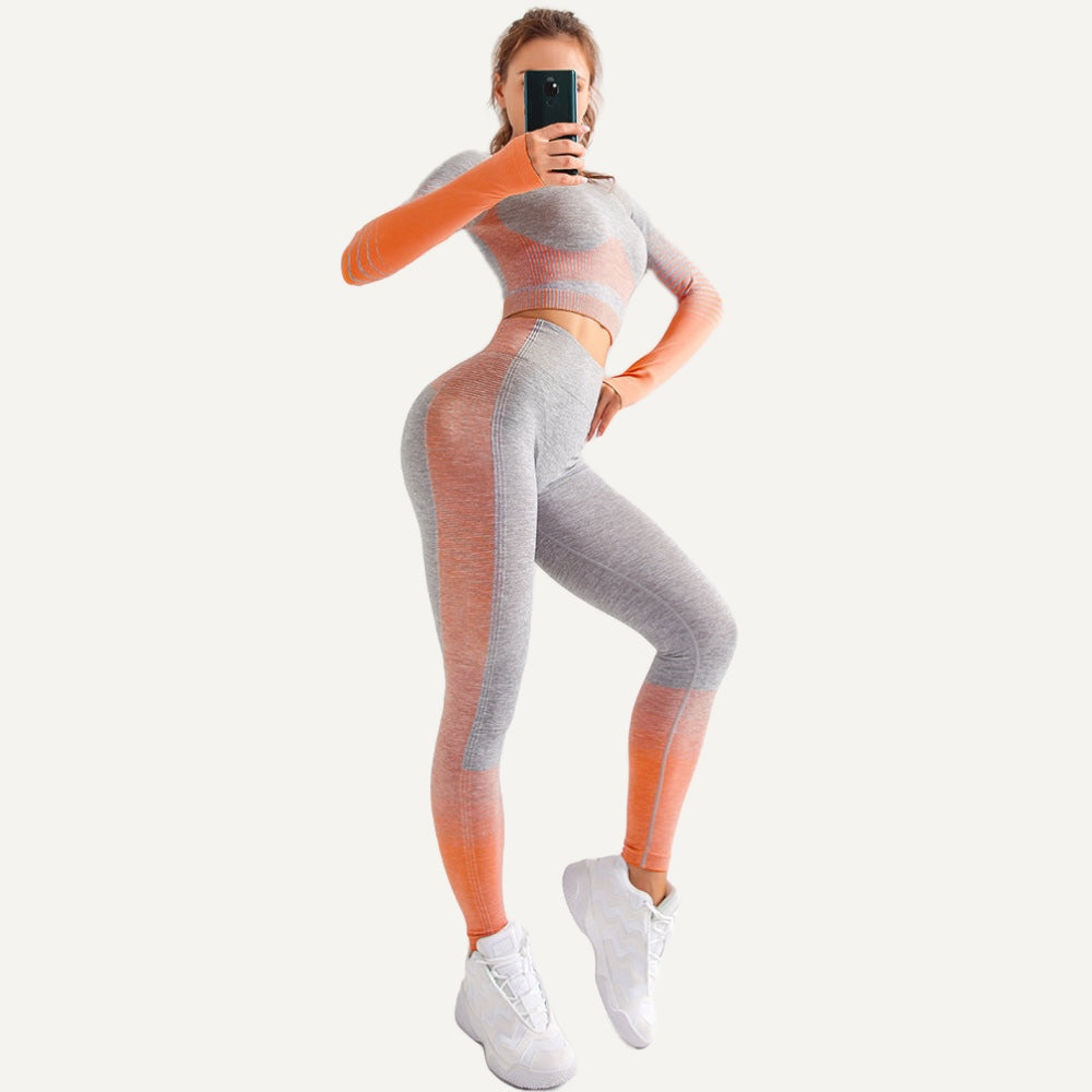 Striped Sleeve Crop Top and Two-Tone Leggings Set - Orange Gray