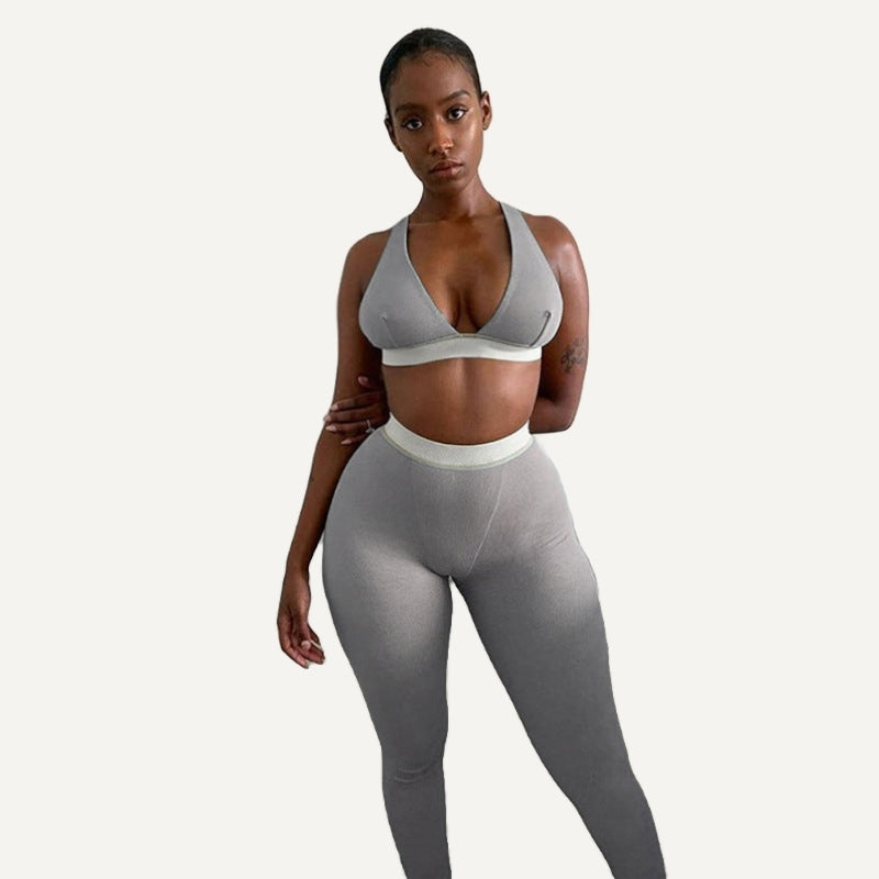 Deep V-Neck Bra and Contrast-Waist Leggings Set - Gray