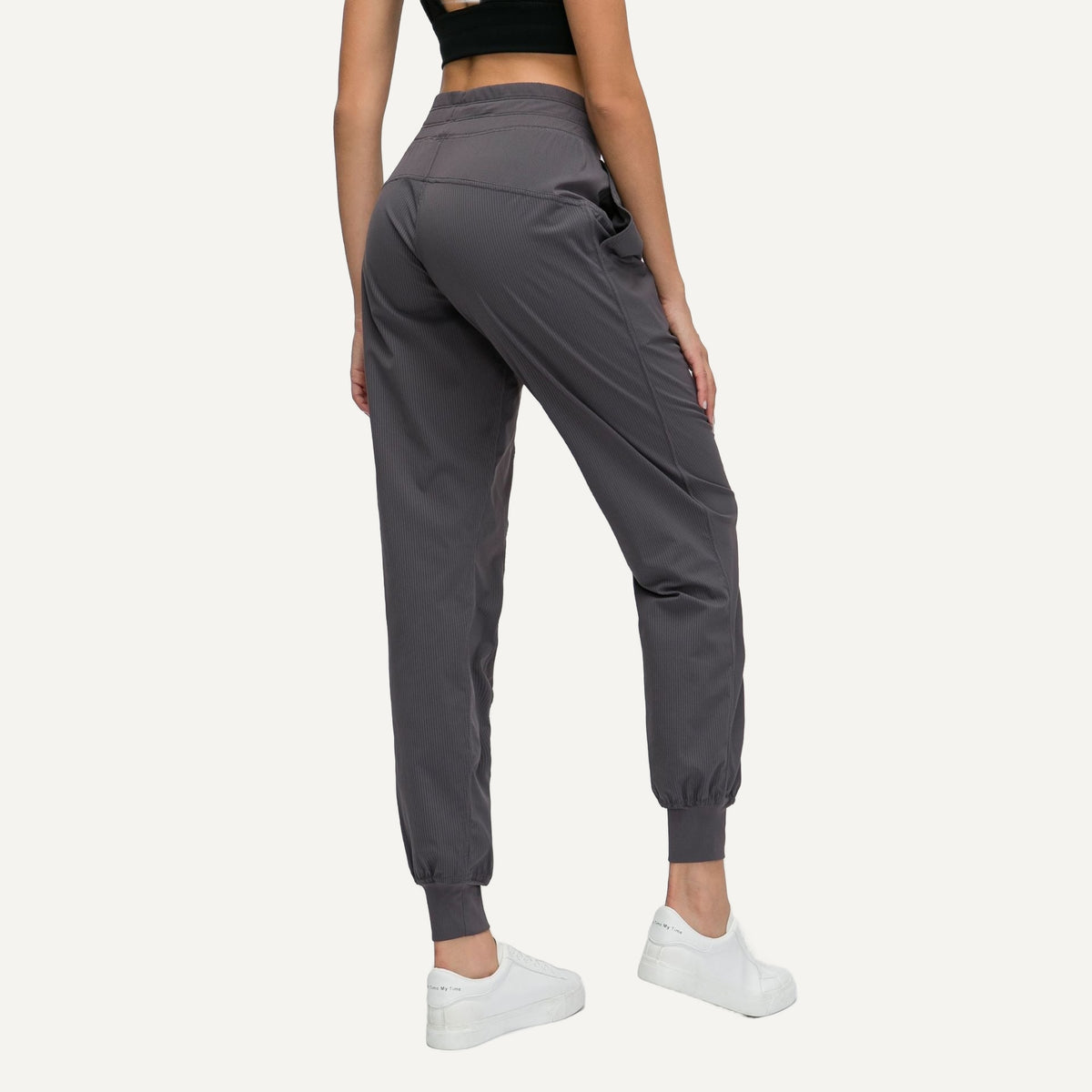 Drawstring Joggers with Side Pockets and Ribbed Cuffs - Charcoal