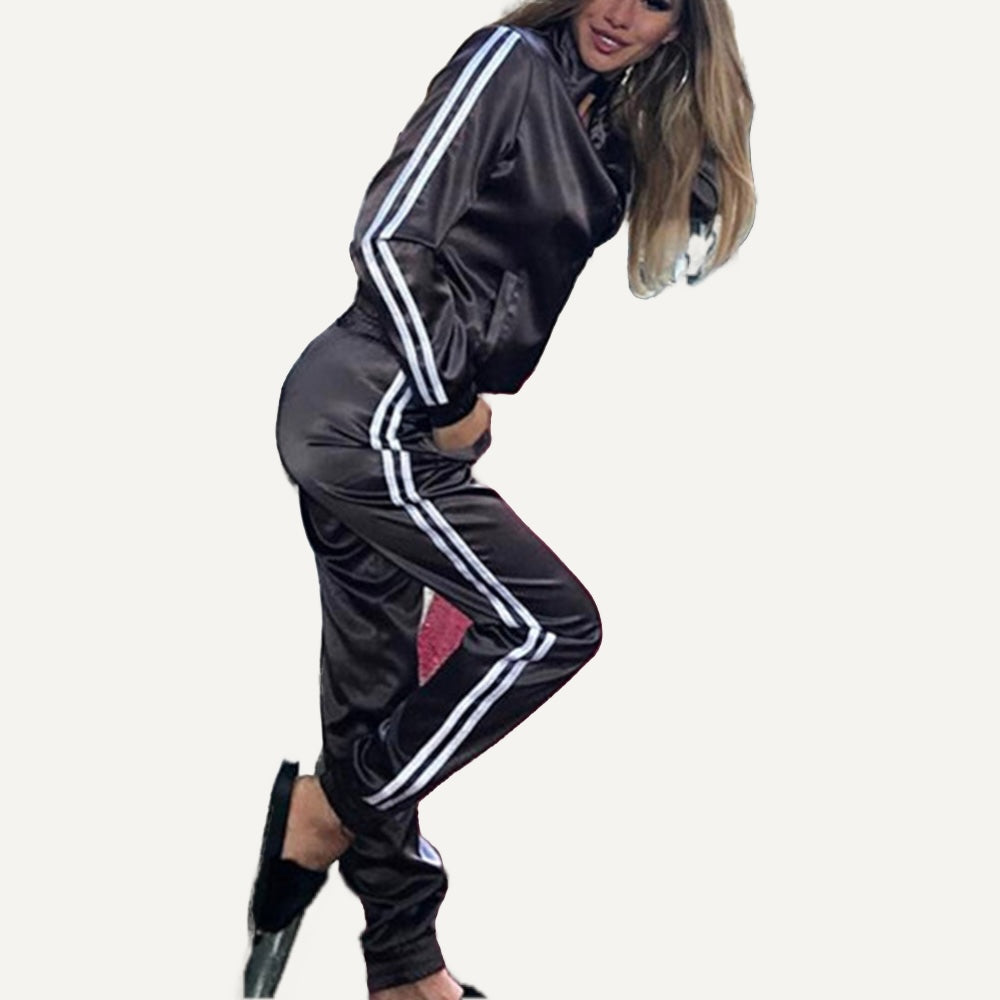 Zip Jacket and Joggers Set with Side Stripes - Black