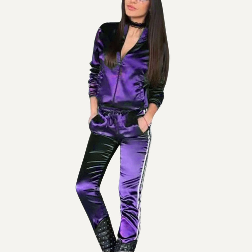 Zip Jacket and Joggers Set with Side Stripes - Purple