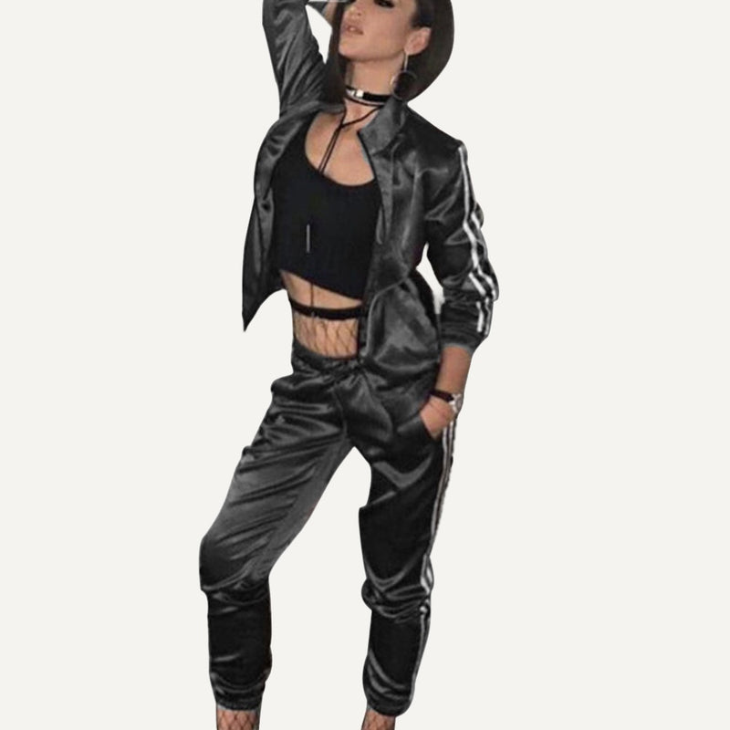 Zip Jacket and Joggers Set with Side Stripes - Black