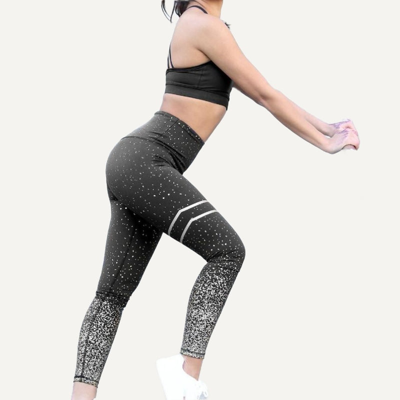 High-Waisted Speckled Leggings with Thigh Stripes - Black