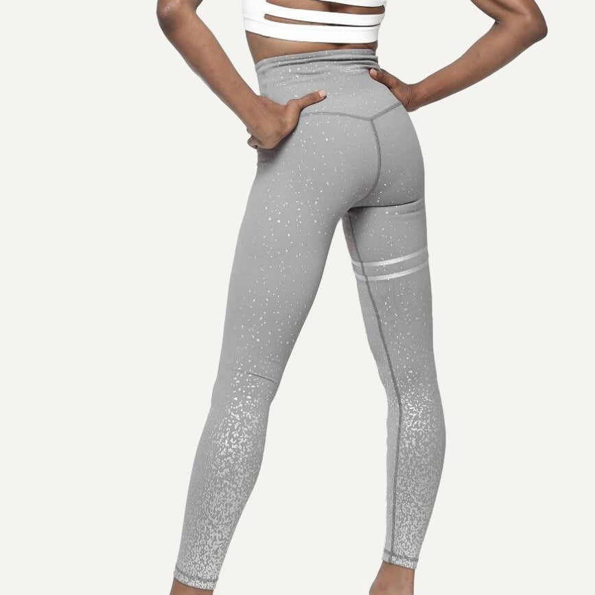 High-Waisted Speckled Leggings with Thigh Stripes - Gray