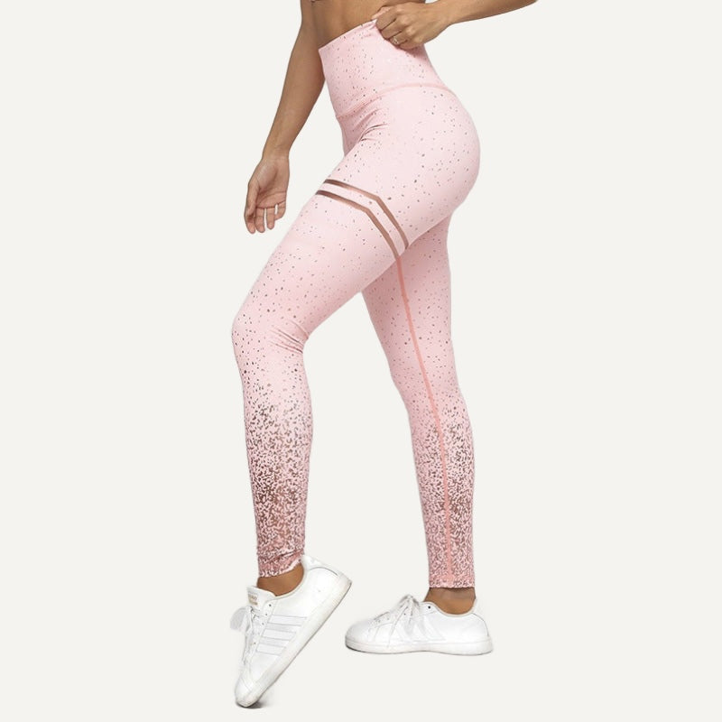 High-Waisted Speckled Leggings with Thigh Stripes - Pink