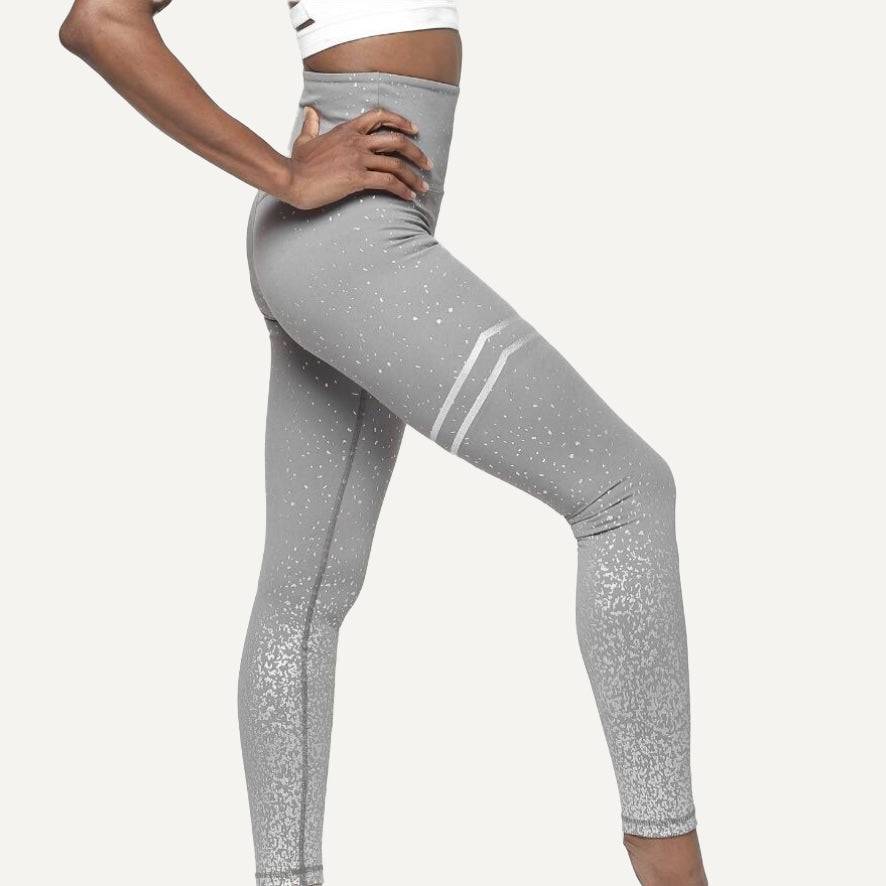 High-Waisted Speckled Leggings with Thigh Stripes - Gray