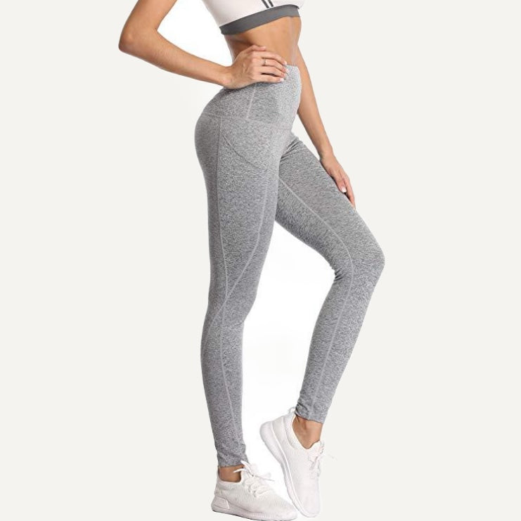 Heathered High-Waisted Leggings with Side Pockets - Light Gray
