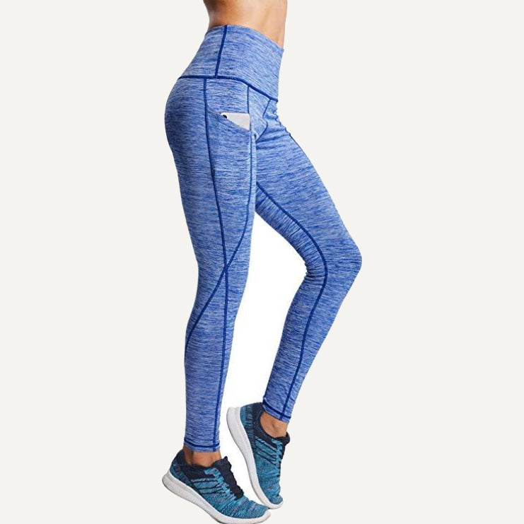 Heathered High-Waisted Leggings with Side Pockets - Blue