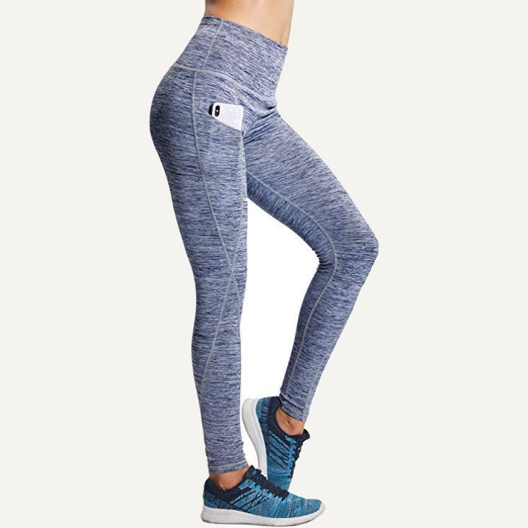 Heathered High-Waisted Leggings with Side Pockets - Slate Blue