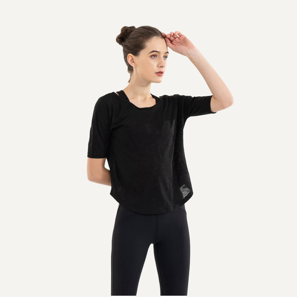 Loose Short Sleeve Top with Open Back - Black