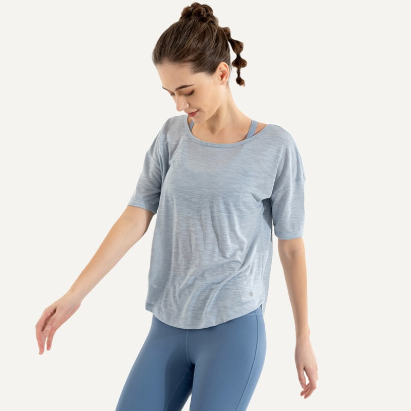 Loose Short Sleeve Top with Open Back - Dusty Blue