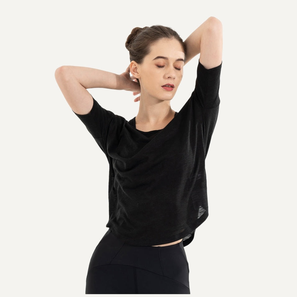 Loose Short Sleeve Top with Open Back - Black