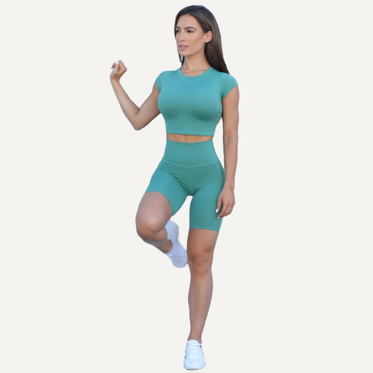 Short Sleeve Crop Top and Biker Shorts Set - Teal