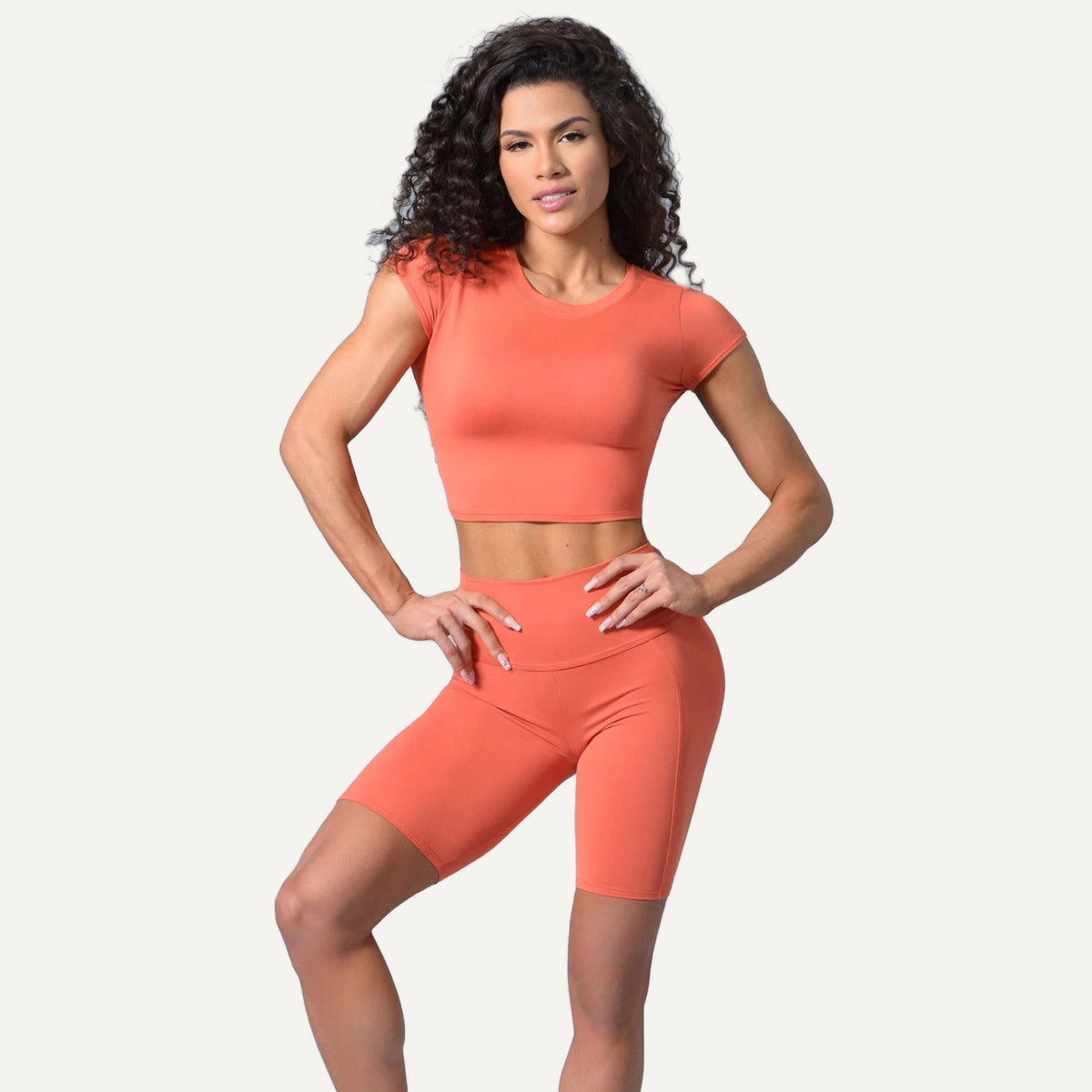 Short Sleeve Crop Top and Biker Shorts Set - Coral