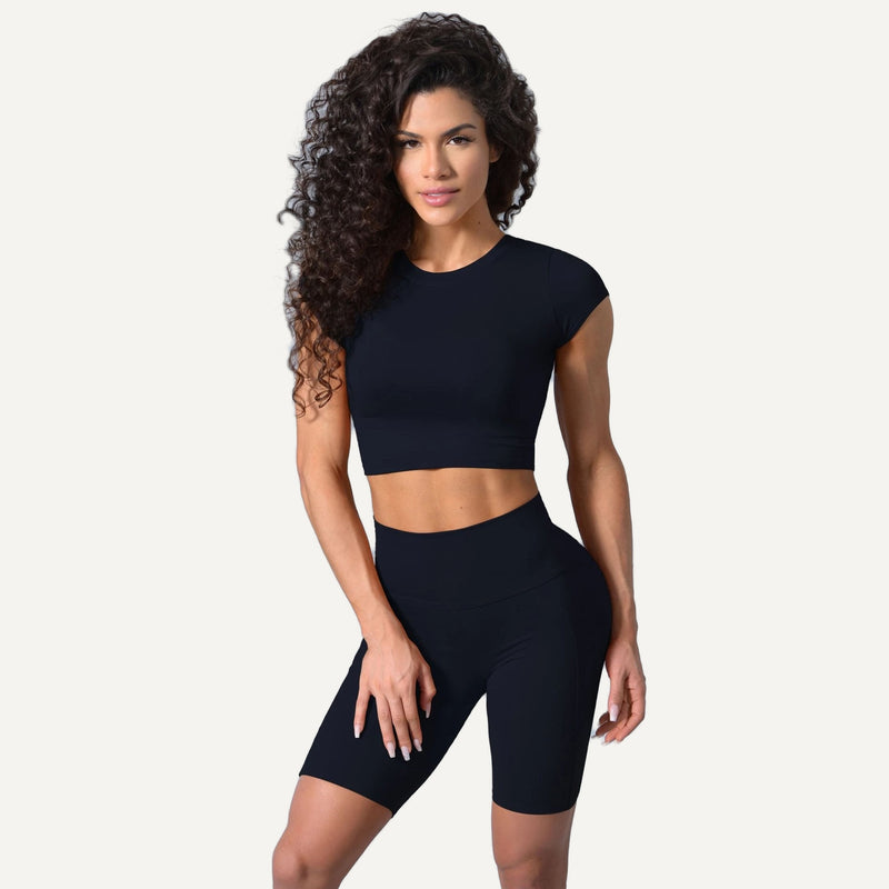Short Sleeve Crop Top and Biker Shorts Set - Black