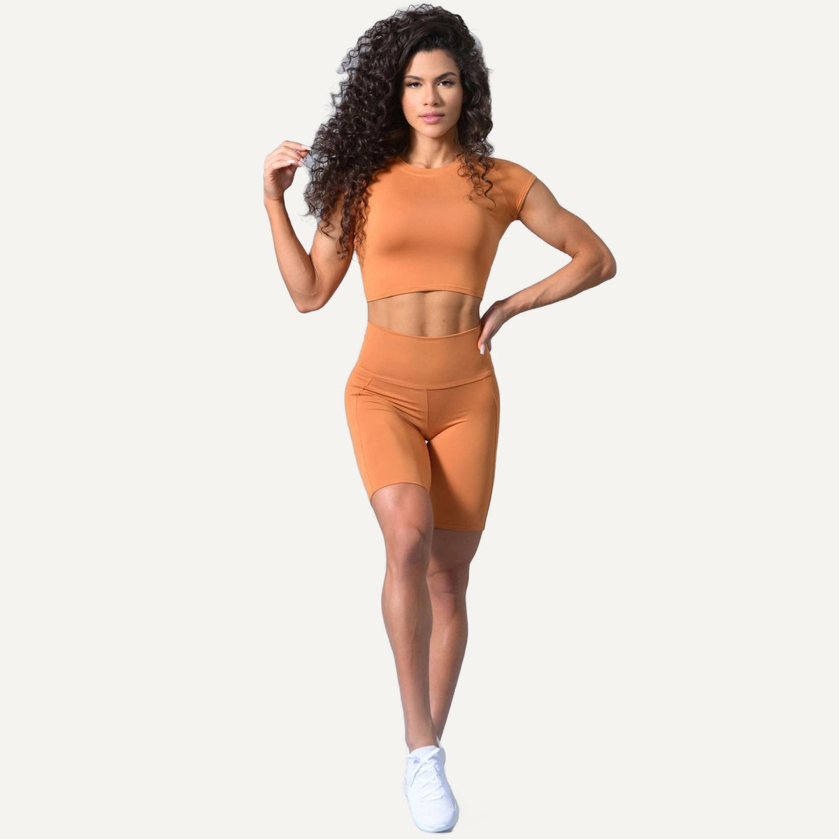 Short Sleeve Crop Top and Biker Shorts Set - Caramel