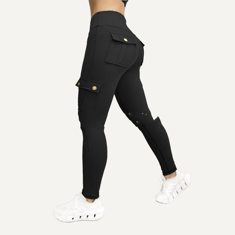 High-Waisted Cargo Leggings with Flap Pockets - Black