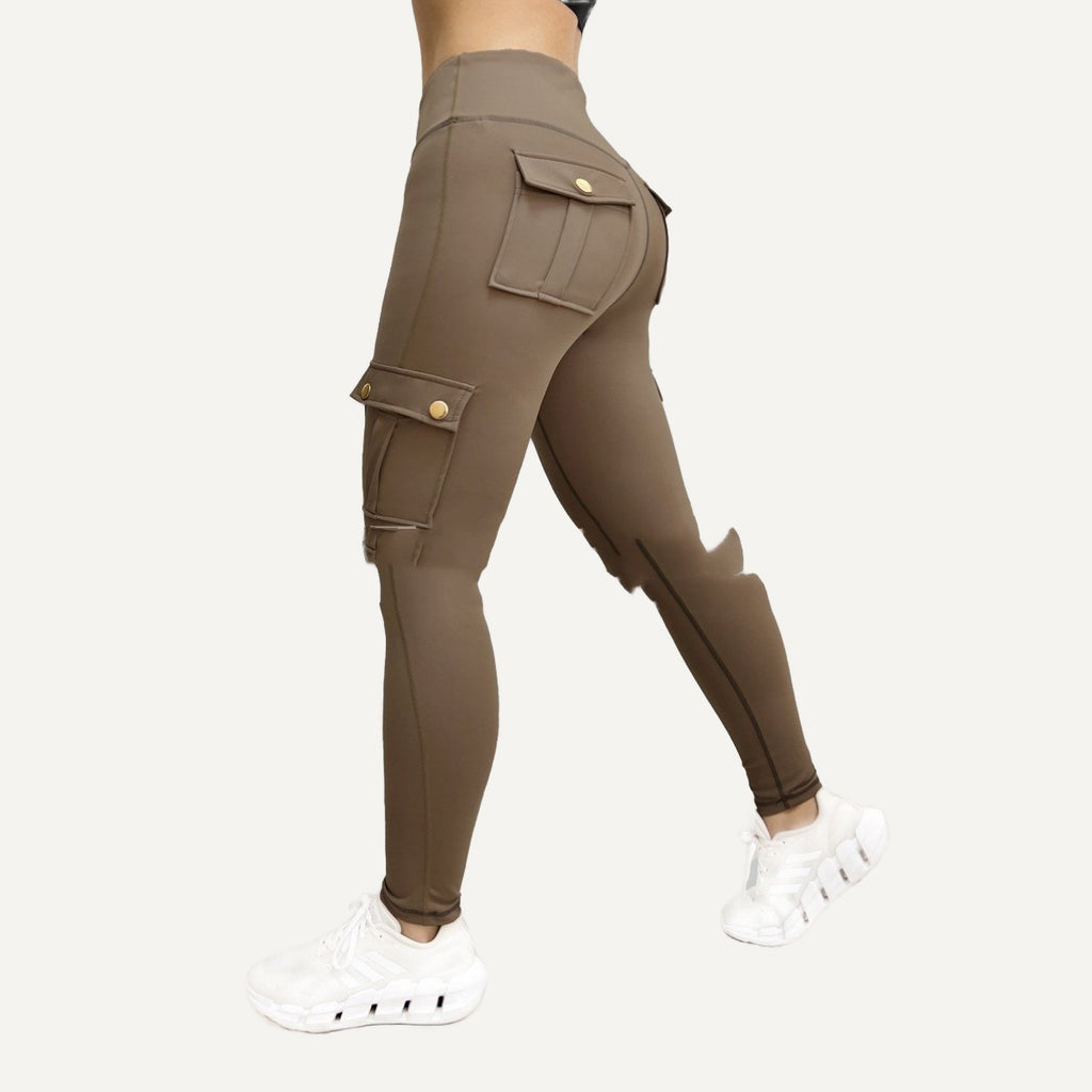 High-Waisted Cargo Leggings with Flap Pockets - Brown