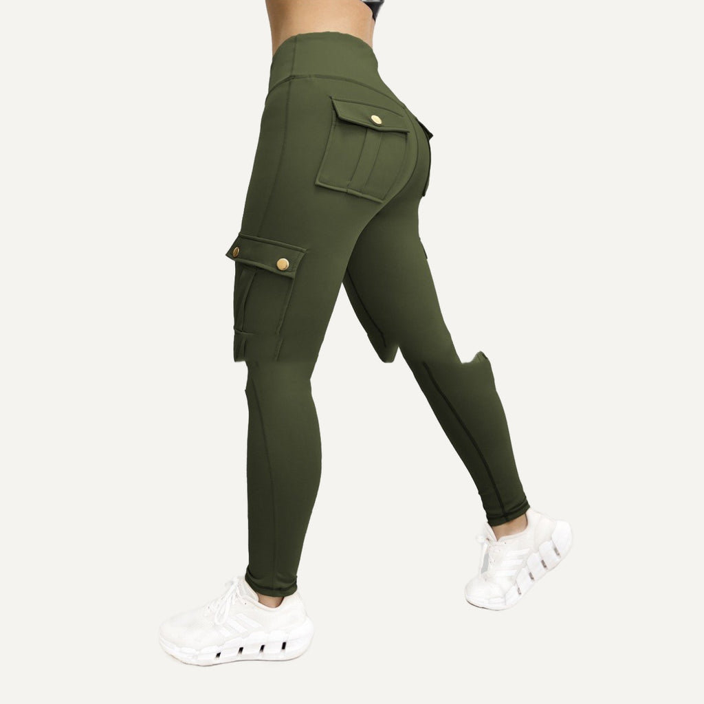 High-Waisted Cargo Leggings with Flap Pockets - Forest