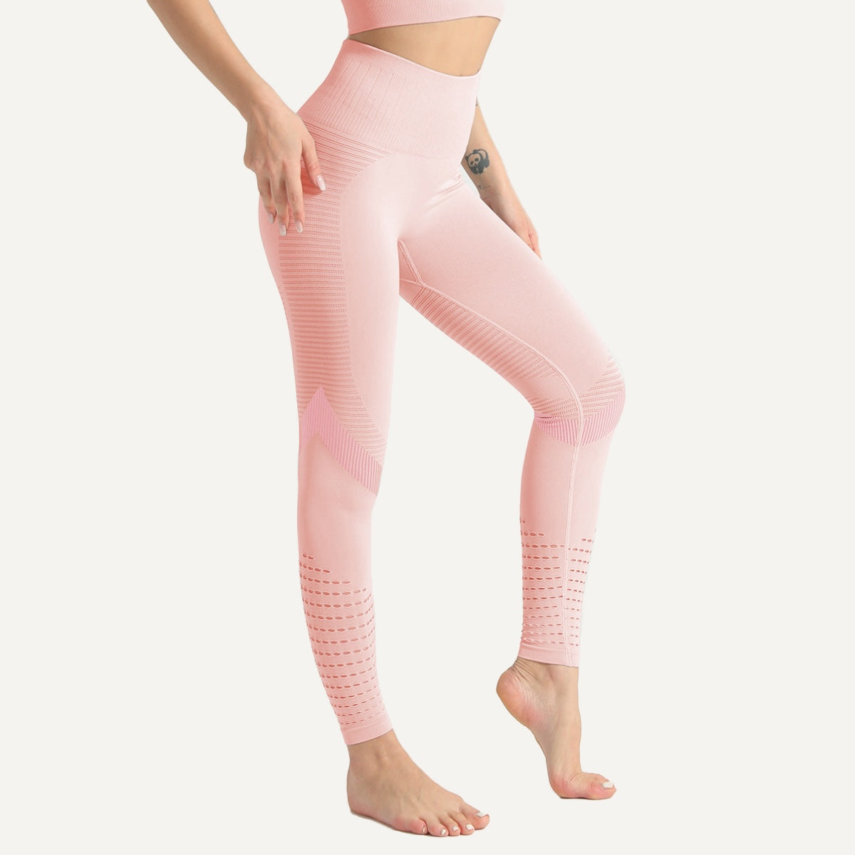 High-Waisted Knit Leggings with Openwork Calves - Blush
