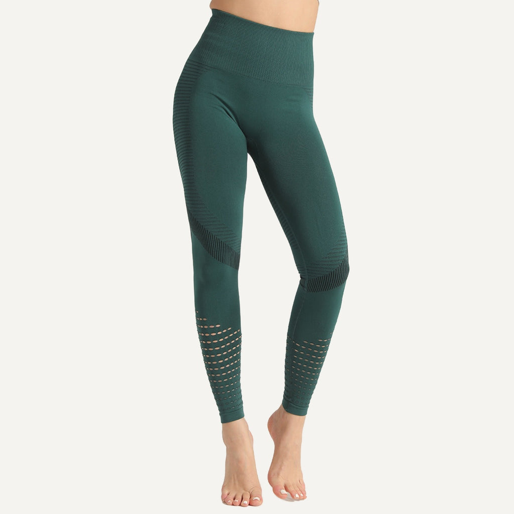 High-Waisted Knit Leggings with Openwork Calves - Teal