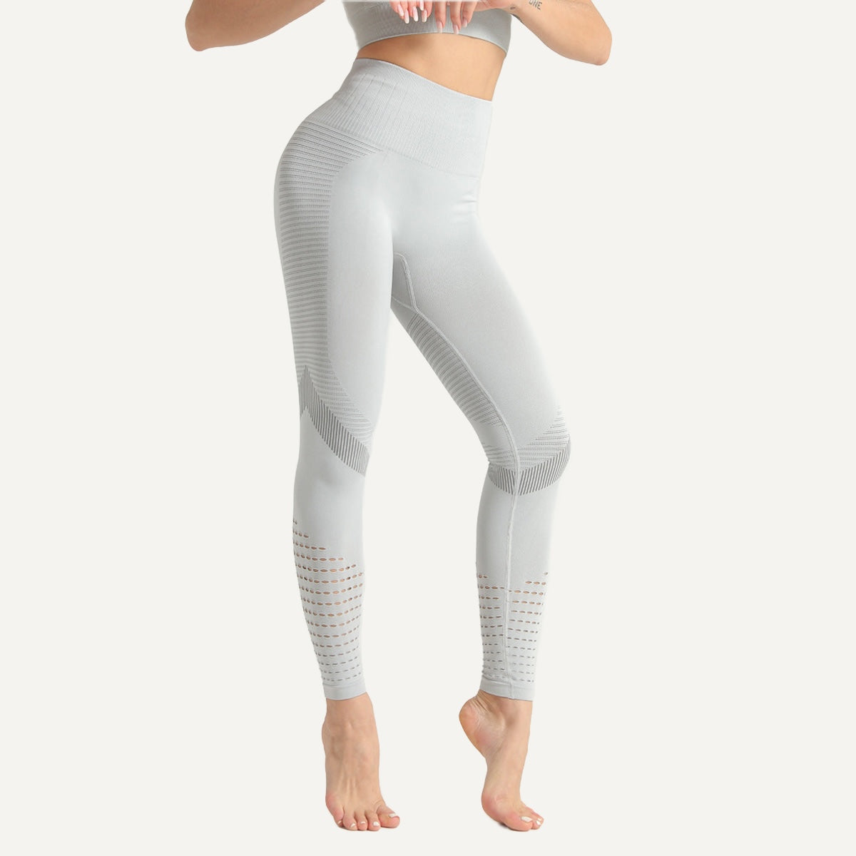 High-Waisted Knit Leggings with Openwork Calves - Light Gray