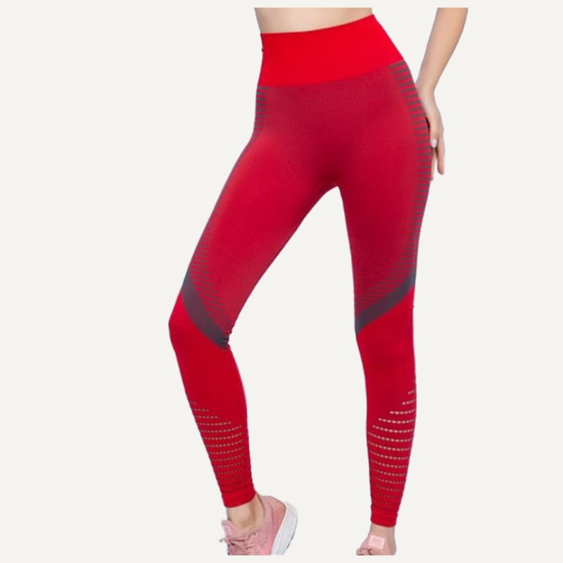 High-Waisted Knit Leggings with Openwork Calves - Red